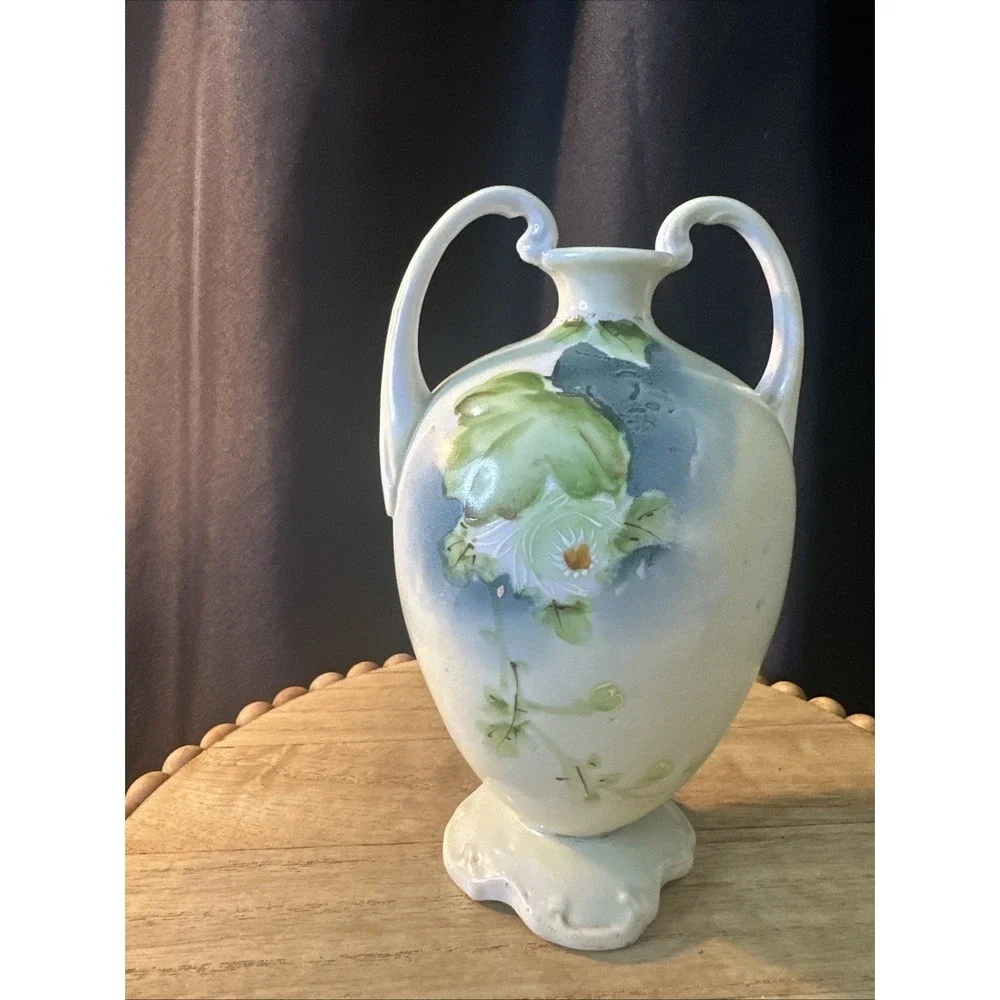 Nippon Double Handle Vase Blue Green yellow Flowers Antique